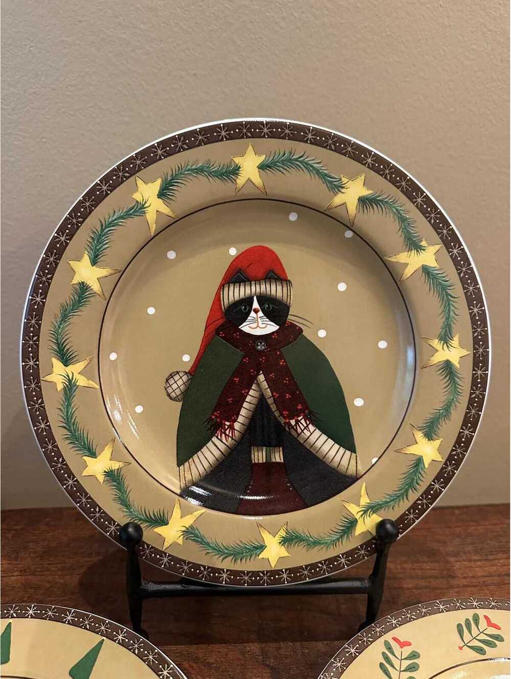 Vintage Oneida Sakura Fiddlestix Holiday Santa Hat Cats Salad Plate - Set of 2